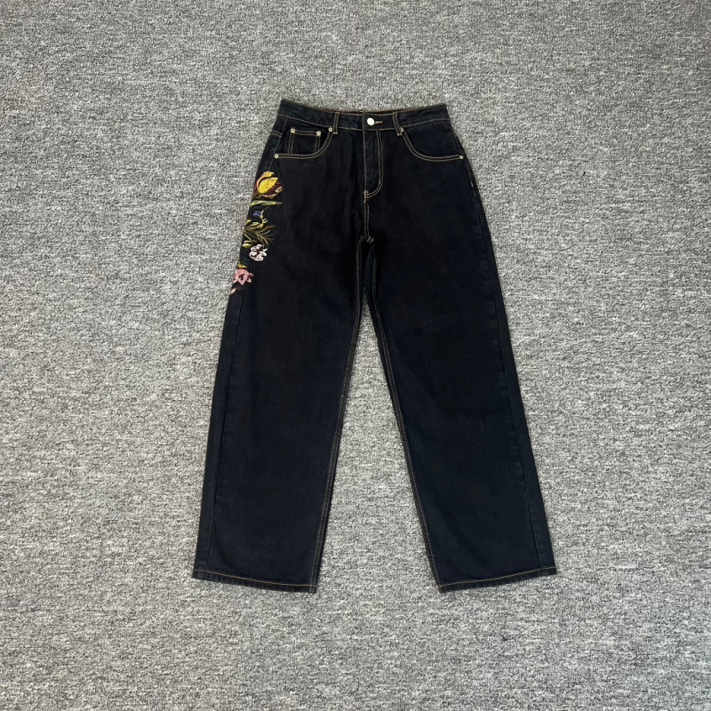 Derschutze retro europeo y americano nuevo estilo flor de la calle bordado jeans casual hombre y mujer pantalones rectos