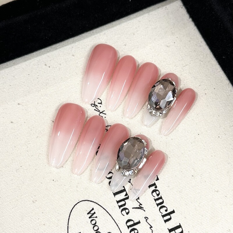 Pure hand-worn nail piece high-grade pink gradient nail art patch large diamond light luxury temperament white fake nails