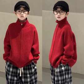 【1001】男童立领针织外套秋冬毛衣2025红色儿童洋气针织拉链衫外
