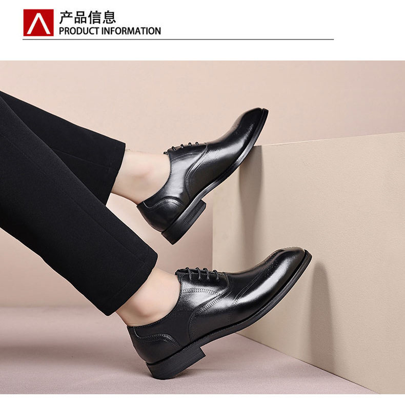 Giày da nam công sở da bò lớp đầu mũi nhọn Brogue buộc dây đế gỗ — Màu nâu, màu đen chi tiết 14
