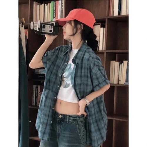 Blue checkered shirt for men and women, summer thin ice silk quick-dry short-sleeved jacket, trendy, outerwear, can be worn with a cardigan