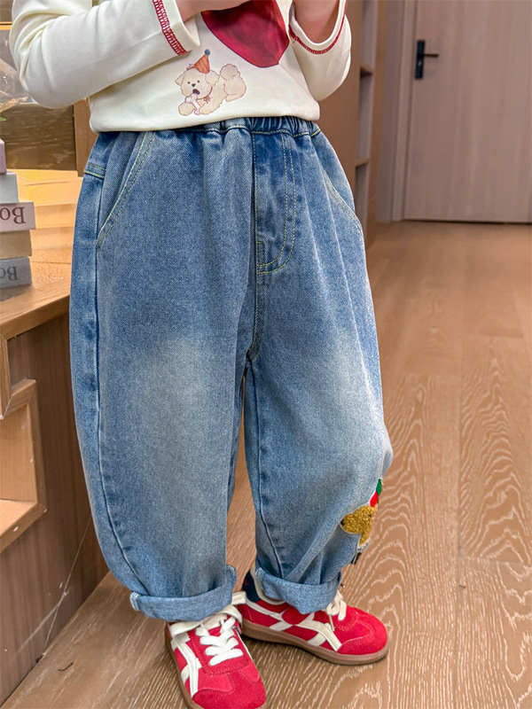 秋季新款儿童卡通贴布牛仔裤2025韩版女童洋气老爹裤外贸代发童装|undefined