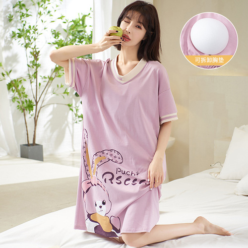 Yanzhixiang's new summer style women's removable nightgown knitted cotton short-sleeved mid-length loose one-piece dress with chest pad