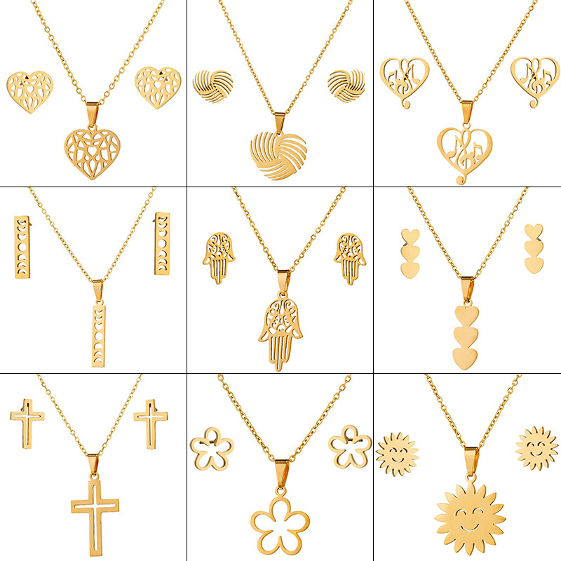 Collar de aretes de acero inoxidable traje al por mayor transfronteriza de moda sudamericana geométrica simple corazón nota conjunto de dos piezas para las mujeres