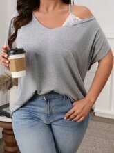 B 12984 V Neck Solid Color Loose T Shirt ƴ�ӌ���T�� ��