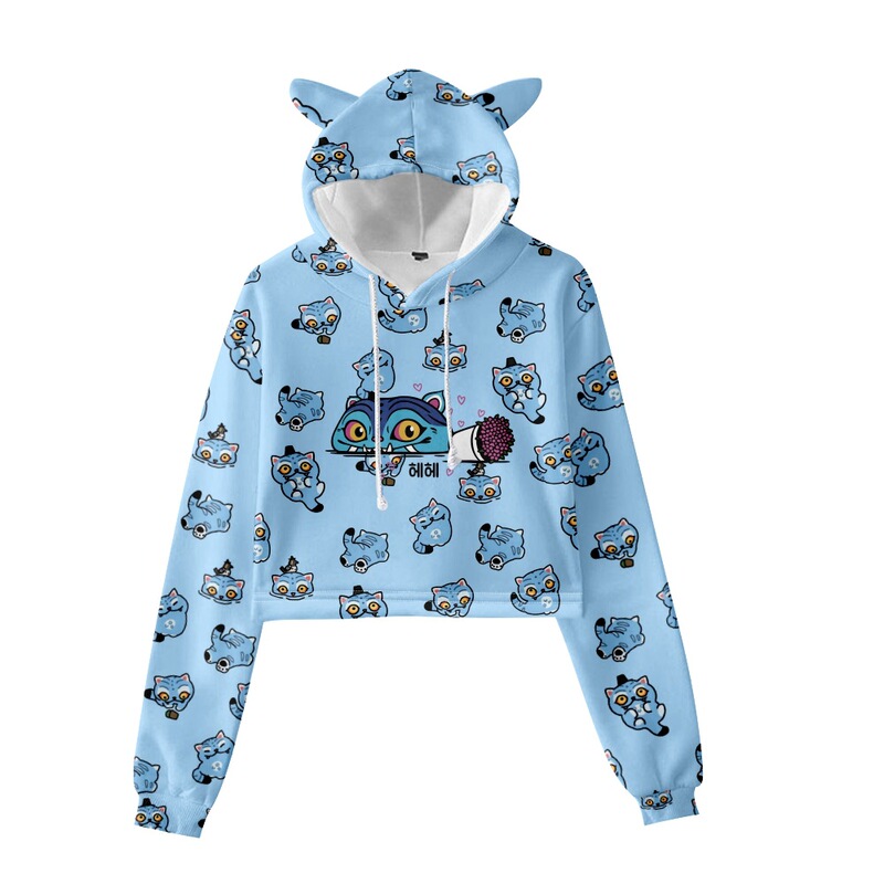 3D Color Printed Kpop Demon Hunters Peripheral Girls Spring & Fall Trendyy Navel-Baring Cat Ear Sweatshirt