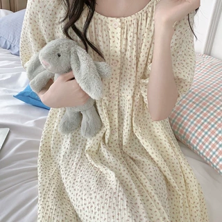奶黄碎花睡衣套装女夏季新款短袖短裤/睡裙宽松家居服两件套 代发