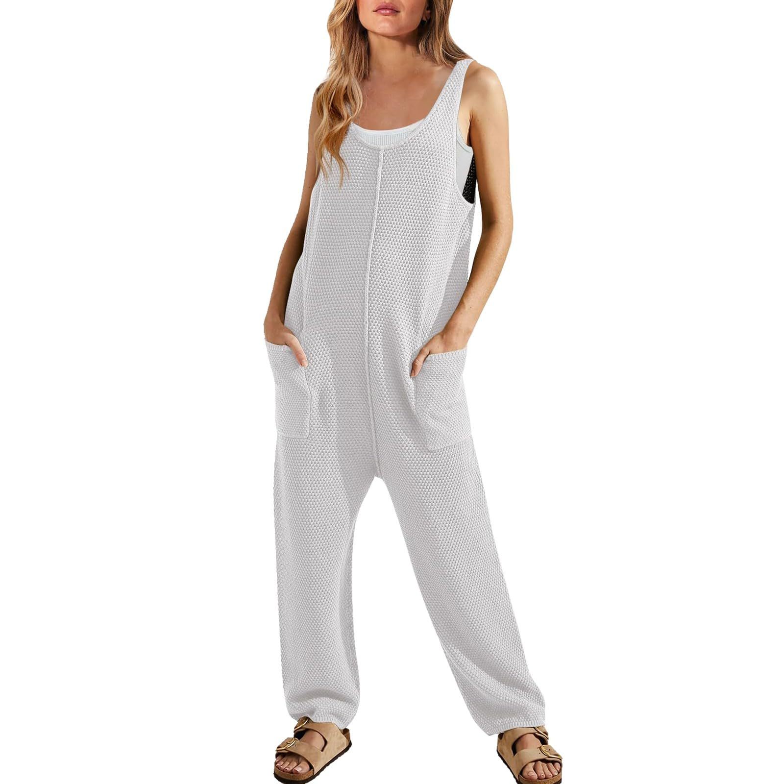 Primavera/Verano 2020 nuevo mono suelto casual de mujer sin mangas con cuello en U pantalones de una pieza Doble Bolsillo
