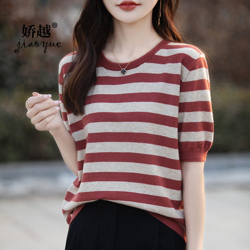 Knitted summer thin sweater with a round collar