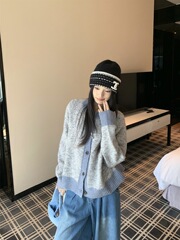 拼接撞色圆领开衫毛衣外套女秋季2025新款长袖休闲宽松针织衫上衣