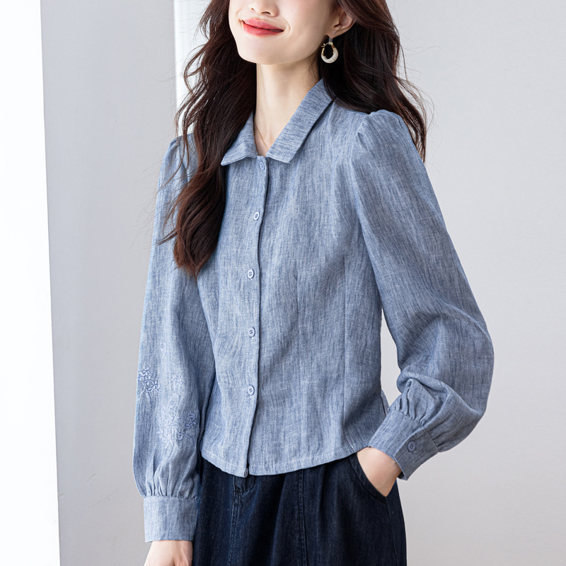 Green 9990 Linen Shirt Women's Classy Slim Long-Sleeved Embroidered Top 2025 Autum New Lantern Sleeve Bottoming Shirt