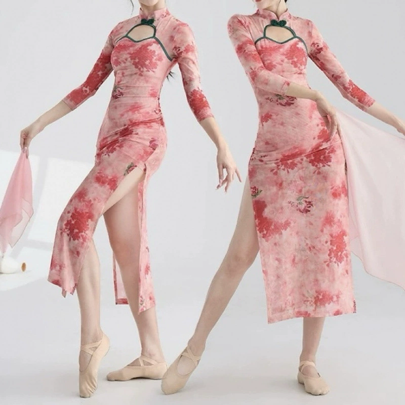 Классическая танцевальная одежда Cheongsam для практики, эластичная китайская одежда, женская улучшенная танцевальная одежда с разрезом и рифмой