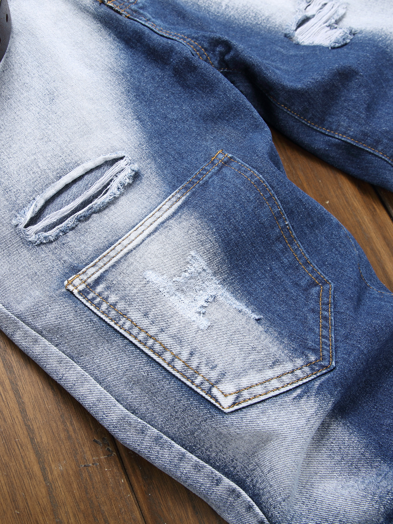Men's Distressed Retro Straight Leg Jeans Slim Fit Wish Denim Trousers_mkmklike.com