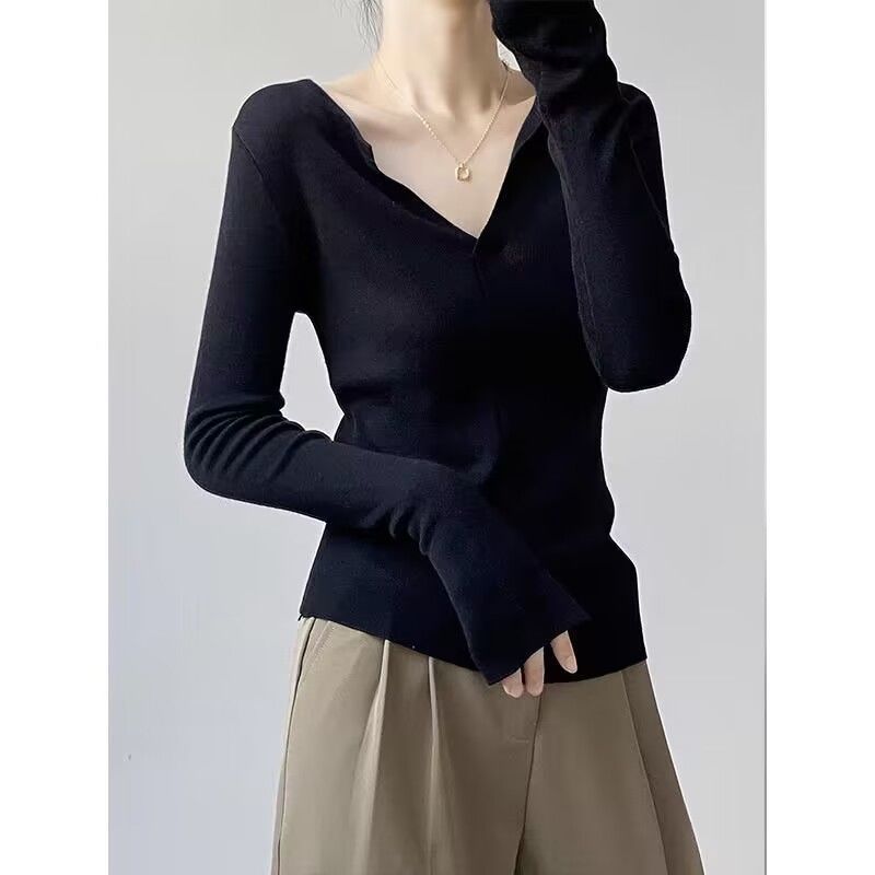 法式V领小翻领内搭针织衫女秋季洋气紧身修身打底衫毛衣长袖上衣|undefined