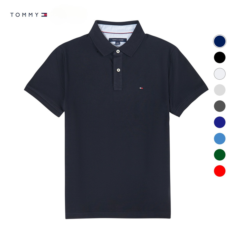Authentic American Tommy Tommy Men's Summer Short-Sleeved Polo Shirt Pure Cotton Pure Color Lapel T-Shirt