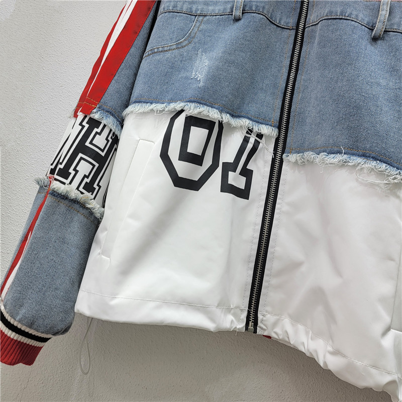 Chaqueta de Mezclilla Holgada con Empalme de Letras de Poliéster