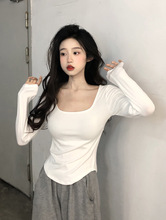 新款2023秋季不规则纯欲大码200斤长袖辣妹穿搭纯棉t恤女一件代发