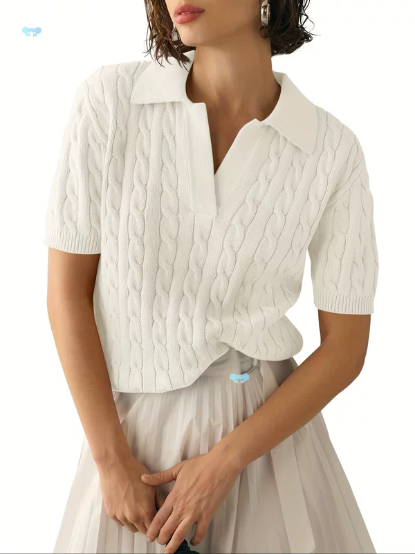 Womens Short Sleeve V Neck Sweaters Cable Knit Collared Cross-border