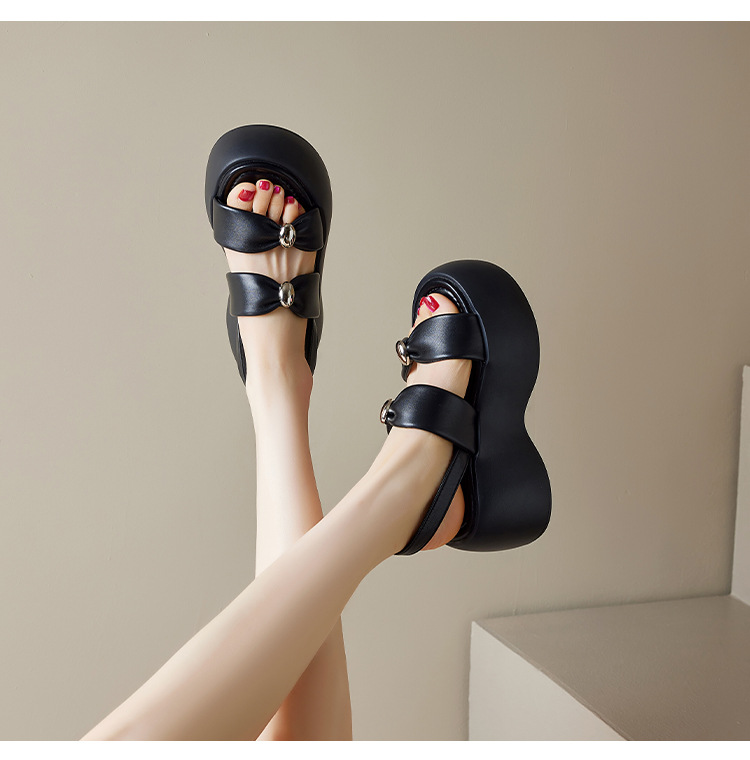 Sandal nữ đế xuồng dày 8cm quai ngang hở mũi phong cách La Mã — đen, trắng chi tiết 8