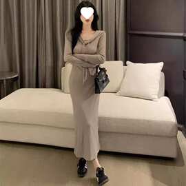 假两件系带披肩长袖针织连衣裙女秋季收腰显瘦内搭打底包臀长裙子
