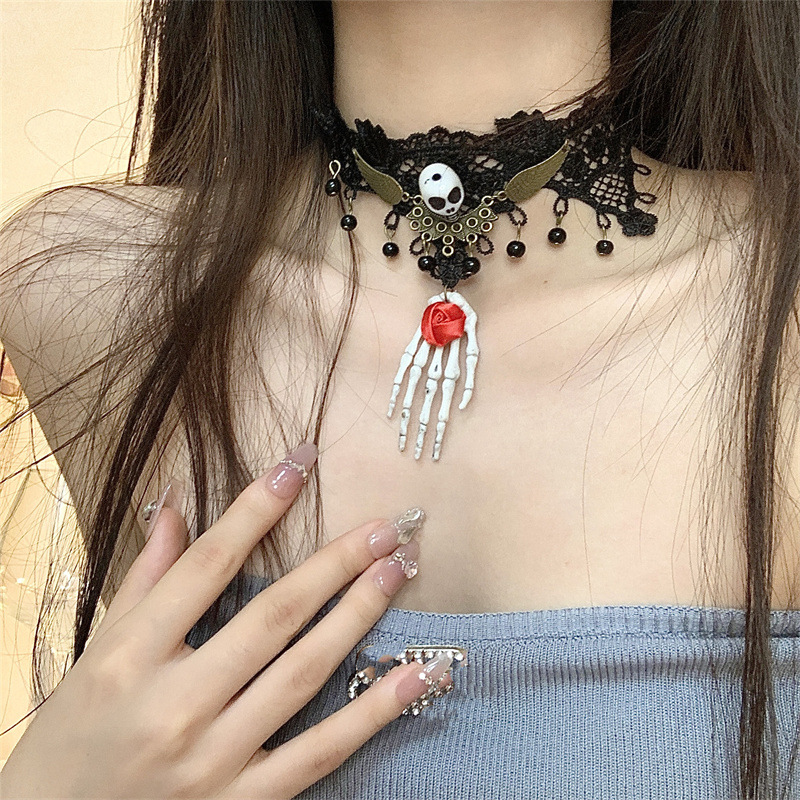 Vintage Schwarze Spitze Skelett Grab Halskette Dunkle Hals Accessoires Übertrieben Halloween Goth Ohrringe_voghion.com