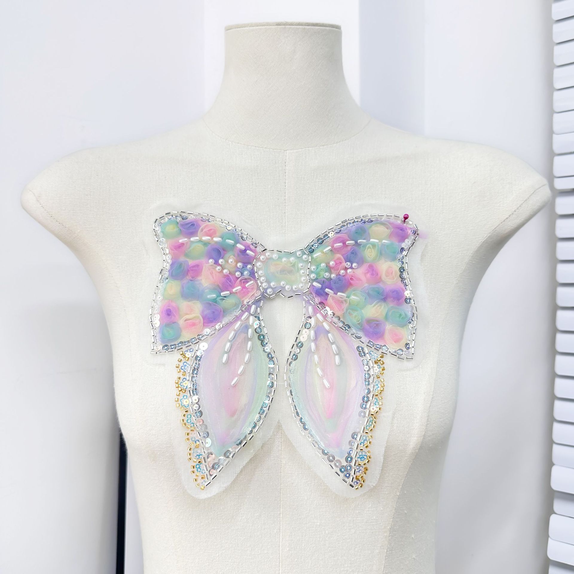 Fantástica flor tridimensional perla malla de arco de encaje pegado a mano sequinilla ropa accesorios image 4