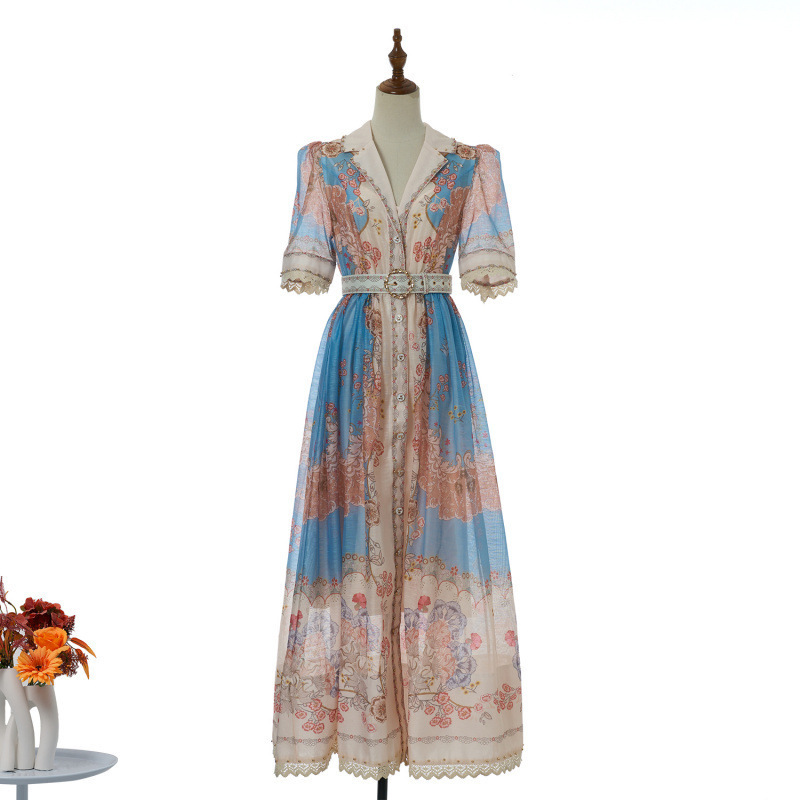 Cross-Border Women's Fashion European and American New Style Long Dress with Map Print, Stand Collar, Single-Breasted, Elegant and Stylish, Extra-Long Dress Cross-Border Women's Fashion European and American New Style Long Dress with Map Print, Stand Collar, Single-Breasted, Elegant and Stylish, Extra-Long Dress
