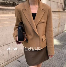 宽松型韩版西装领纯色小款气质通勤无腰带女式毛呢外套