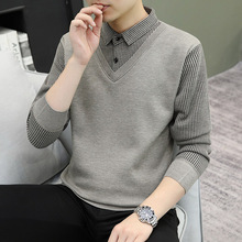 秋冬季新款假两件衬衫男士保暖上衣一体加绒加厚青年针织衫毛衣
