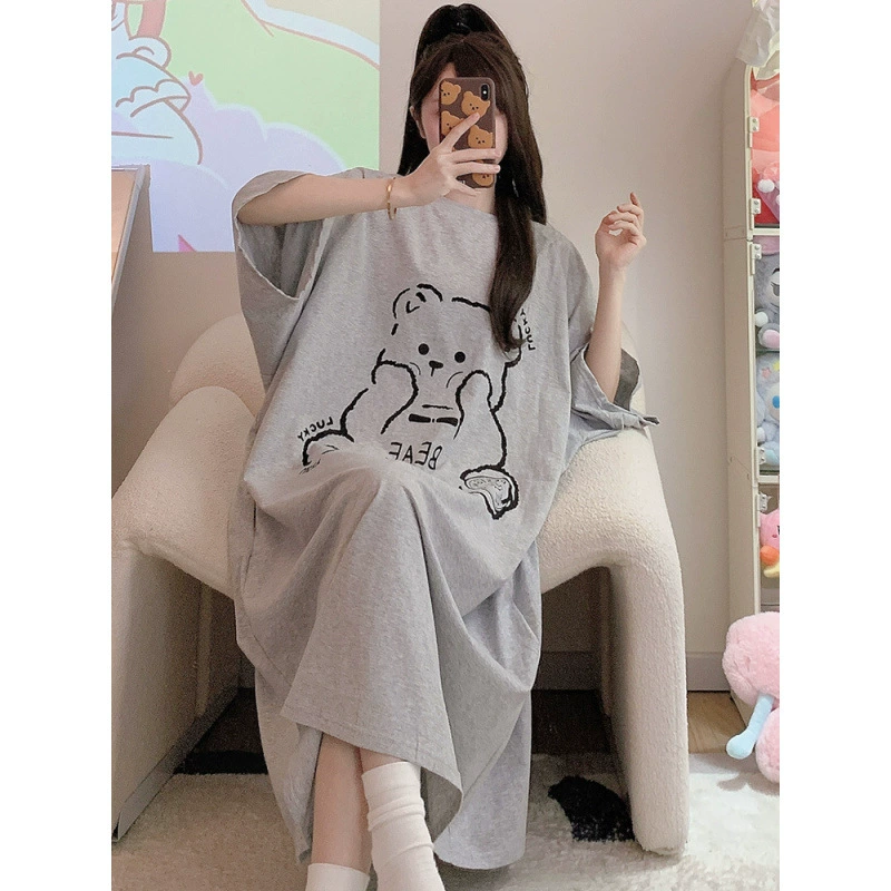 Толстая MM2-300 кошка пижама женская лето с короткими рукавами свободная беременная ночная юбка милая средняя и длинная домашняя одежда можно носить на улице