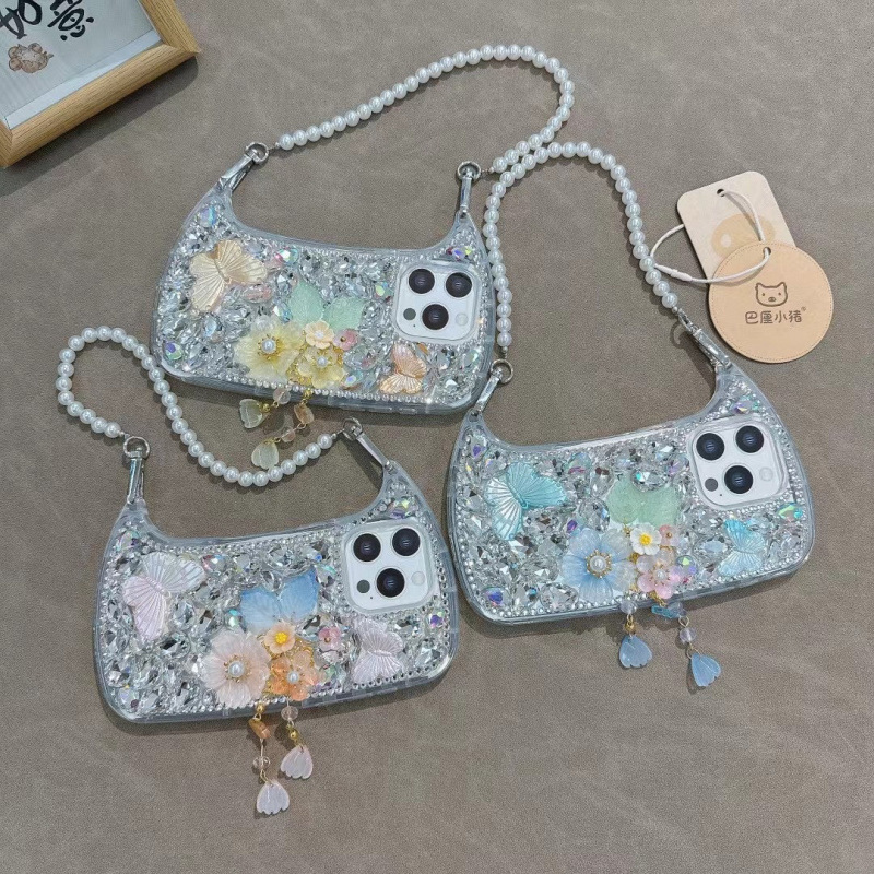Suitable for Apple 15 Pro Max, Handmade Diamond-Encrusted 14 Pro Lanyard Small Handbag Phone Case with Butterfly Rhinestones for Crossbody Wear