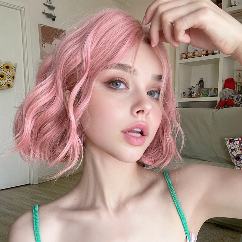 Halloween Pink Short Bob Wig for Women 14inch Wavy Bangs Cosplay Party Cross-Border Full Head Wig Halloween Pink Short Bob Wig for Women 14inch Wavy Bangs Cosplay Party Cross-Border Full Head Wig