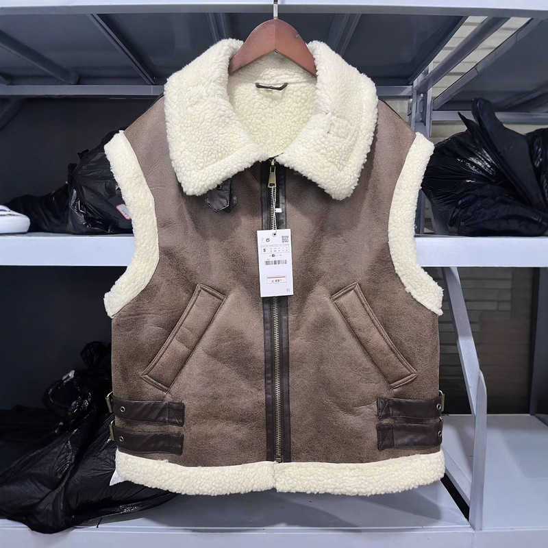 ZR女装欧米風2025春の新商品ブームファッション毛皮一体パイルをつかんで袖なし馬甲をつなぎ合わせる|undefined