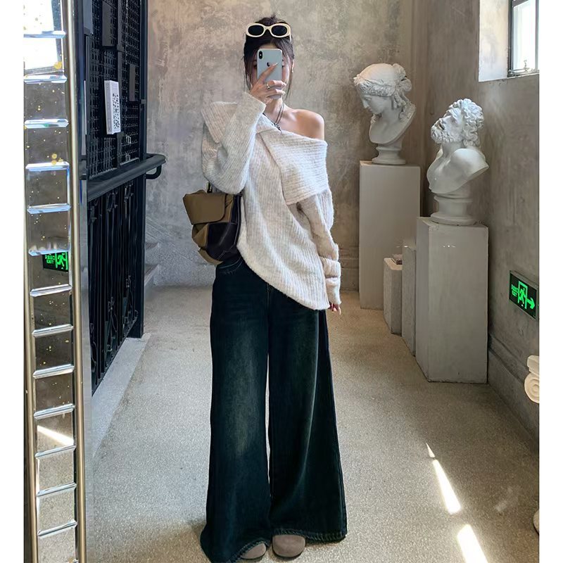 GV大白哥 慵懒美学 不规则大翻领露肩混色慵懒毛衣秋季新款上衣女|undefined