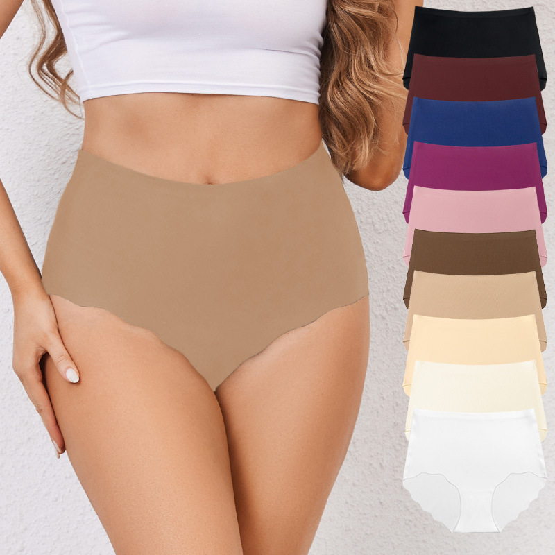 Bragas de cadera de cintura alta de Amazon transfronterizas para mujer con borde ondulado de seda de hielo sin costuras bragas de gran tamaño para mujer