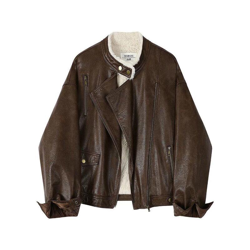 Retro Maillard Motorcycle Leather Jacket Fleece-Lined Short Jacket for Women 2025 New Autum Style Jacket