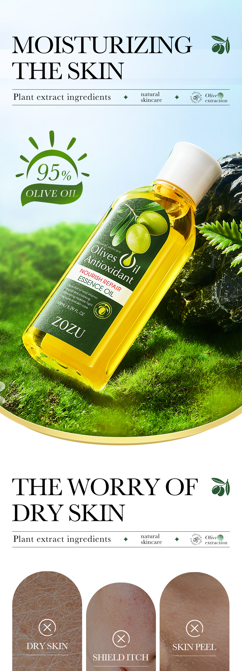 Pflegendes, reparierendes ätherisches ZOZU Olive-Öl für die Gesichtspflege und die Ganzkörperpflege_voghion.com