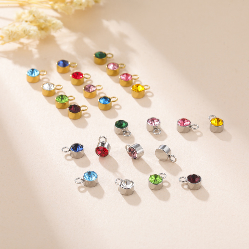 Stainless Steel Single-Hole Birthstone Jewelry Accessories DIY Inlaid Colored Diamond Birthstone Pendant Necklace Bracelet Earrings Pendant