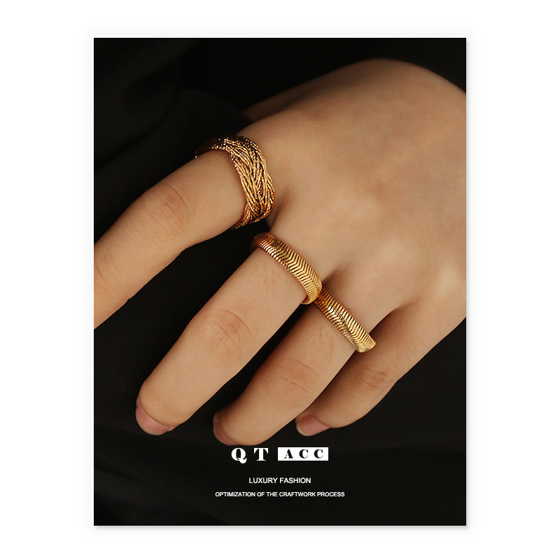 High color retention brass plating real gold ins fashion trend Joker hip-hop snake bone chain bracelet ring for women and men