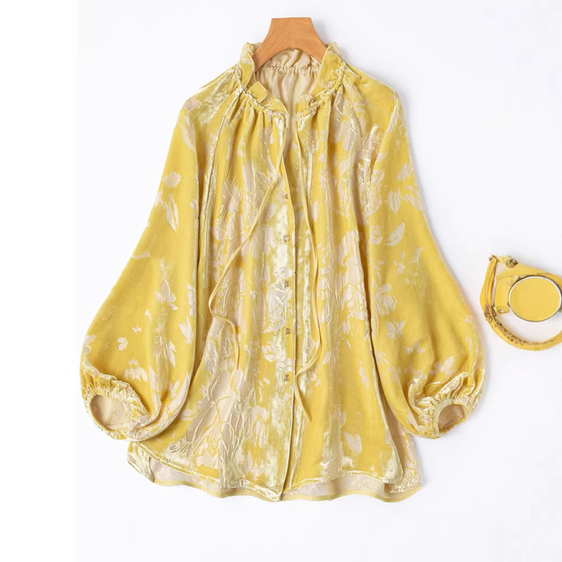 Beautiful Palace Style! Vibrant Yellow Luxurious Gold-Threaded Velvet Jacquard Silk Shirt with Ruffled Collar and Lantern Sleeves, Vintage Autumn Style Beautiful Palace Style! Vibrant Yellow Luxurious Gold-Threaded Velvet Jacquard Silk Shirt with Ruffled Collar and Lantern Sleeves, Vintage Autumn Style