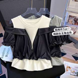 Jinfieg Real Shot 2025 Summer Korean Denim Splicing Off-Shoulder Fake Two-Piece Fashionable Design T-Shirt for Women