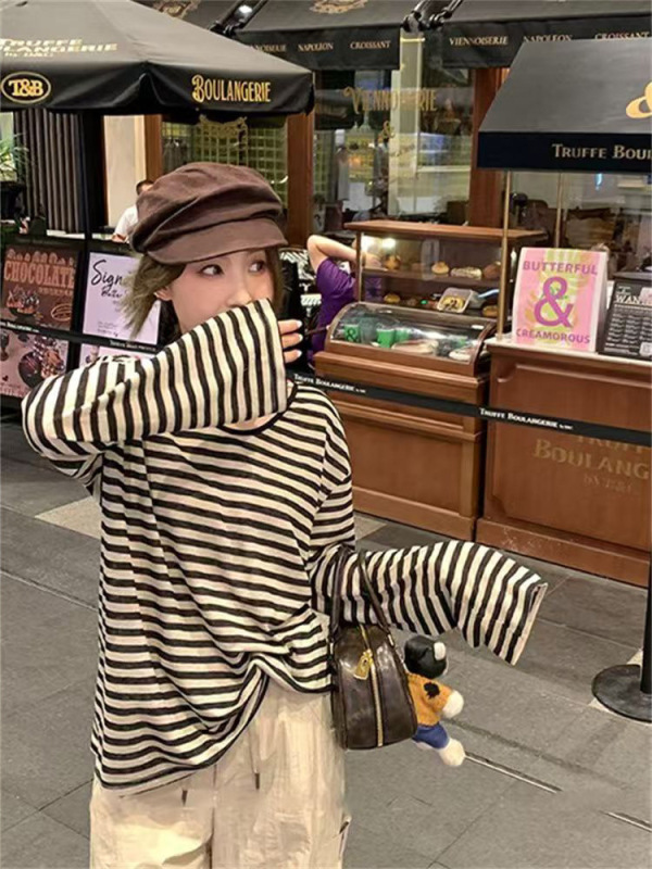 美式复古条纹长袖T恤女2025早秋南油新款时尚宽松百搭女装ins上衣|undefined