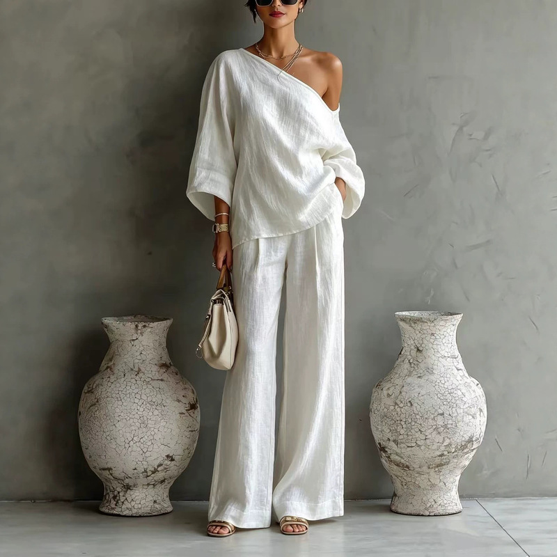 2026 Cross-Border Fashion European and American New Style High-End Asymmetrical Shoulder Top Long Sleeve Loose Wide-Leg Pants Casual Set 2026 Cross-Border Fashion European and American New Style High-End Asymmetrical Shoulder Top Long Sleeve Loose Wide-Leg Pants Casual Set