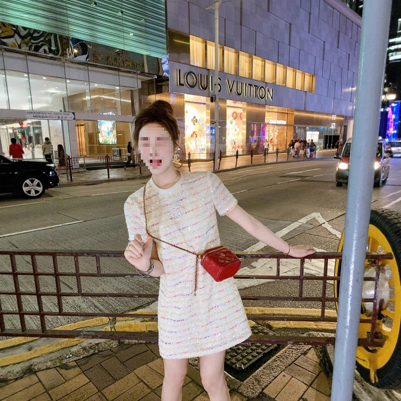 鱼兔子的兔子 小香风亮片连衣裙女2025夏季穿搭新款小个子a字裙子|undefined