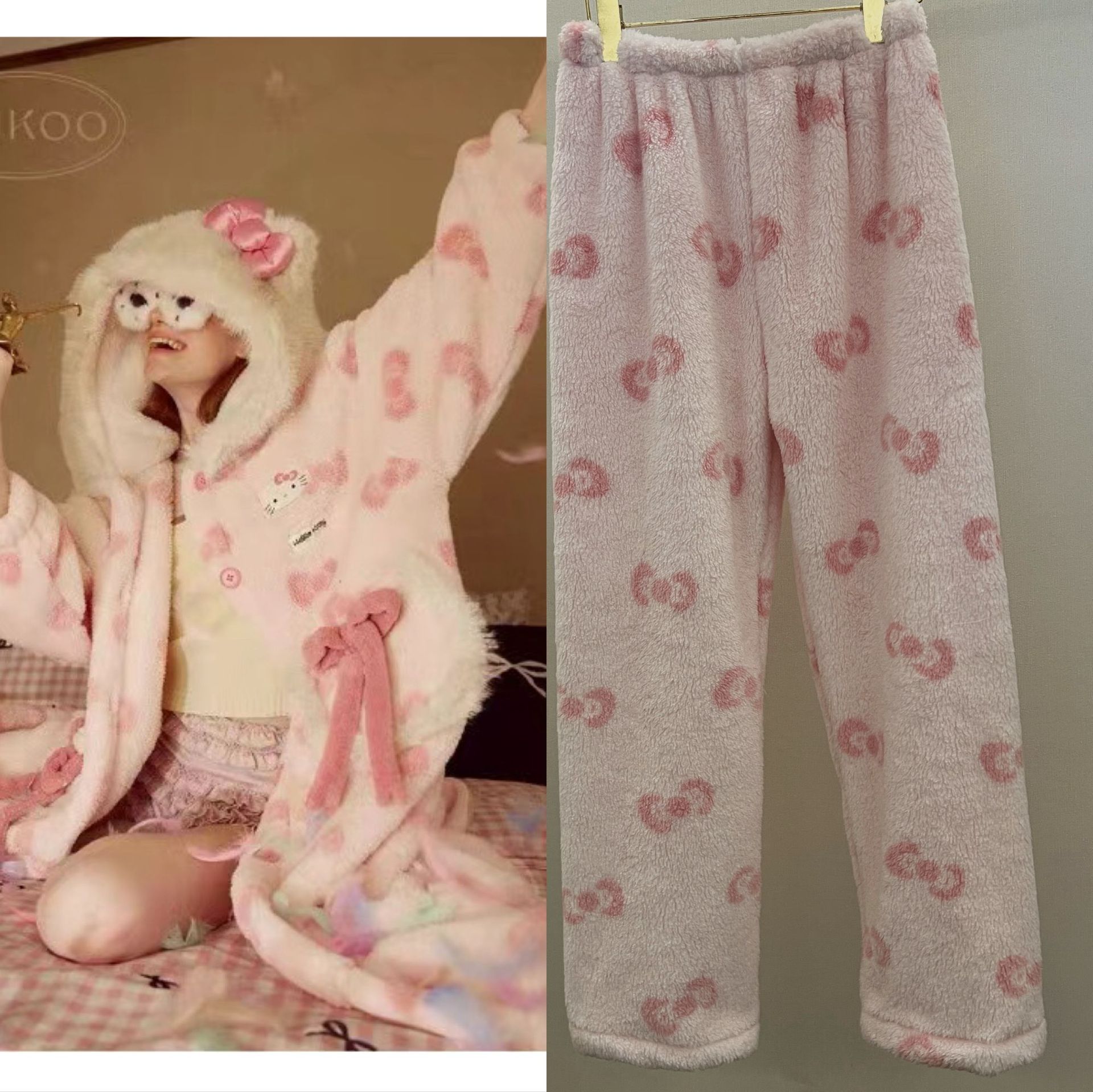 Fruit Shell Same Pajamas Women's Winter Cute HelloKitty Hooded Coral Fleece Plush Nightgown Home Clothes suit