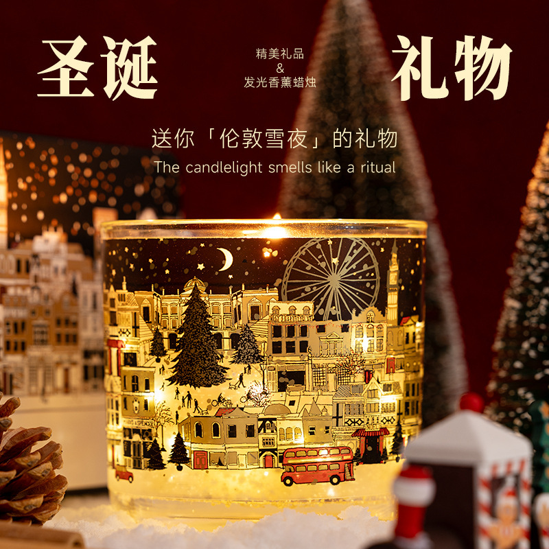 2025 Christmas Glowing British Martha-Style Scented Candle Soy Wax Light-Emitting Led Cup Candle Source Factory