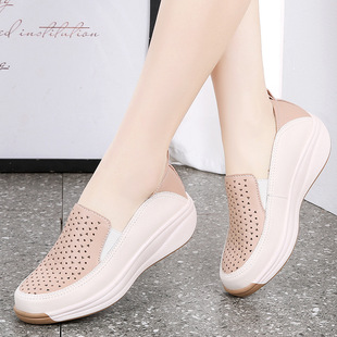 Plus size platform wedge single-layer shoes for women 2024 Summer new hollow-out mom shoes comfortable non-slip hole shoes loafers