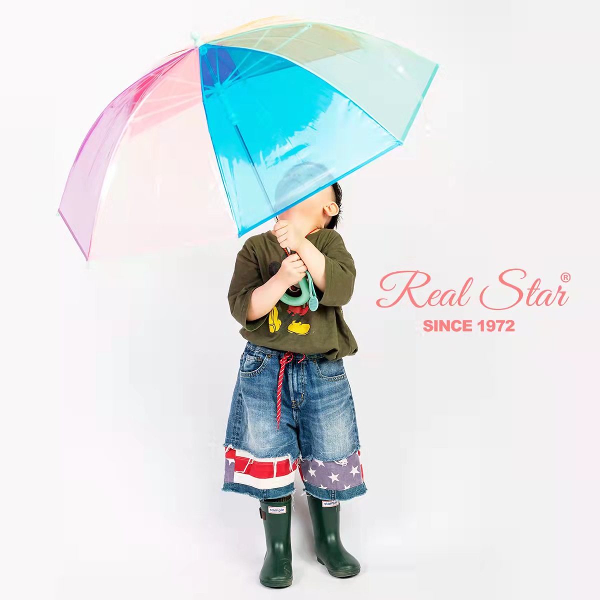 颜値超高虹透明伞ins幼稚园カラーレインボー小学生キッズ可爱い厚手长柄伞