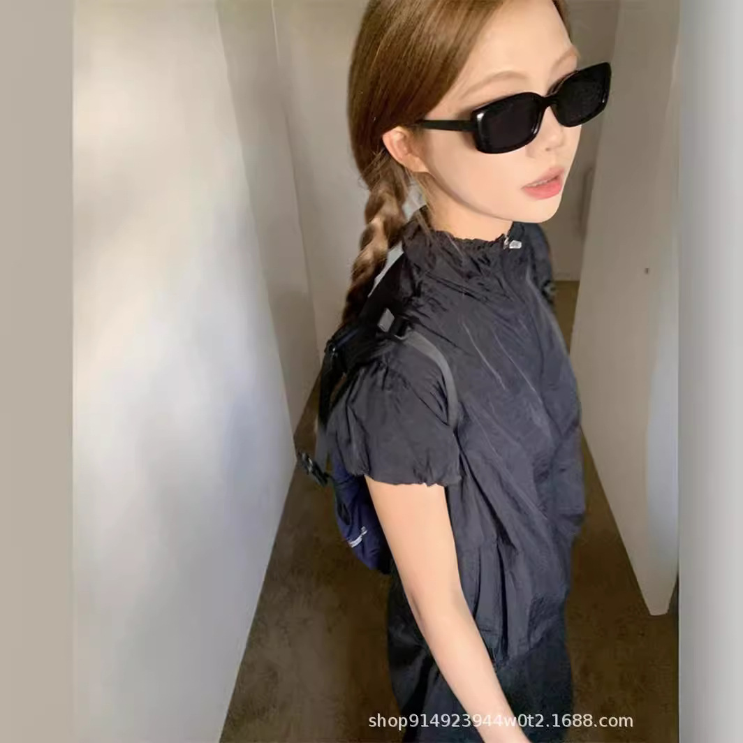 Summer New Vintage Puff Sleeve Zipper Half High Neck Sports Short Sleeve Design Niche Short Sunscreen Top
