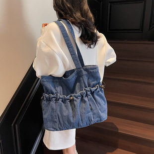 Cross-Border New Sweet Retro Style Washed Denim Casual Large Bag Shoulder Bag Large Capacity Tote Bag Crossbody Bag